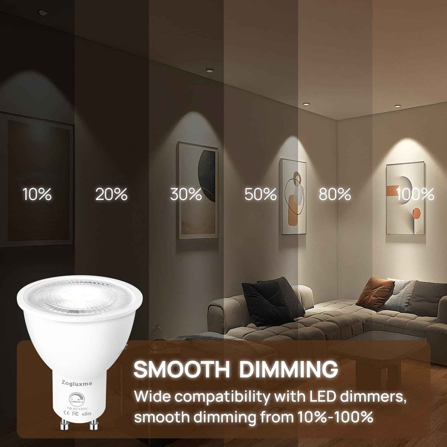Zogluxme 6-Pack Dimmable GU10 LED Bulbs, 50W Equivalent, 3000K/4200K/6000K Adjustable White, 7W, 600 Lumens, Spotlight, Indoor, ABS & Aluminum, High Efficiency, 100-120V, 60Hz