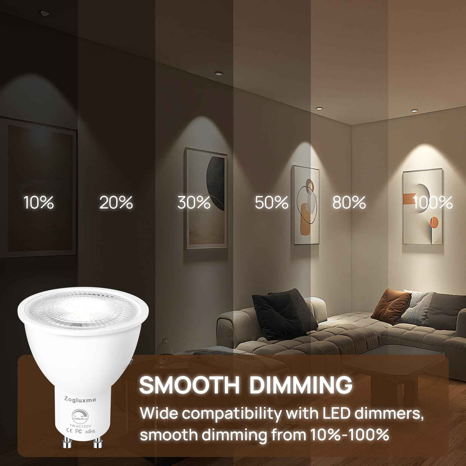 Zogluxme 6-Pack Dimmable GU10 LED Bulbs, 50W Equivalent, 3000K/4200K/6000K Adjustable White, 7W, 600 Lumens, Spotlight, Indoor, ABS & Aluminum, High Efficiency, 100-120V, 60Hz