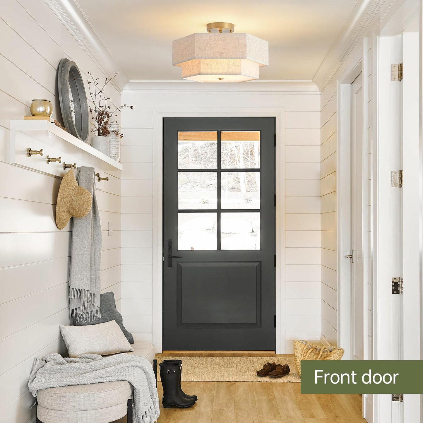 InterMaka Modern Semi Flush Mount Ceiling Light 15.7" Boho Light Fixture with Linen Shade, Double Drum 3-Light Entryway Pendant Light, Close to Ceiling Light Fixtures for Living Room Bedroom Nursery