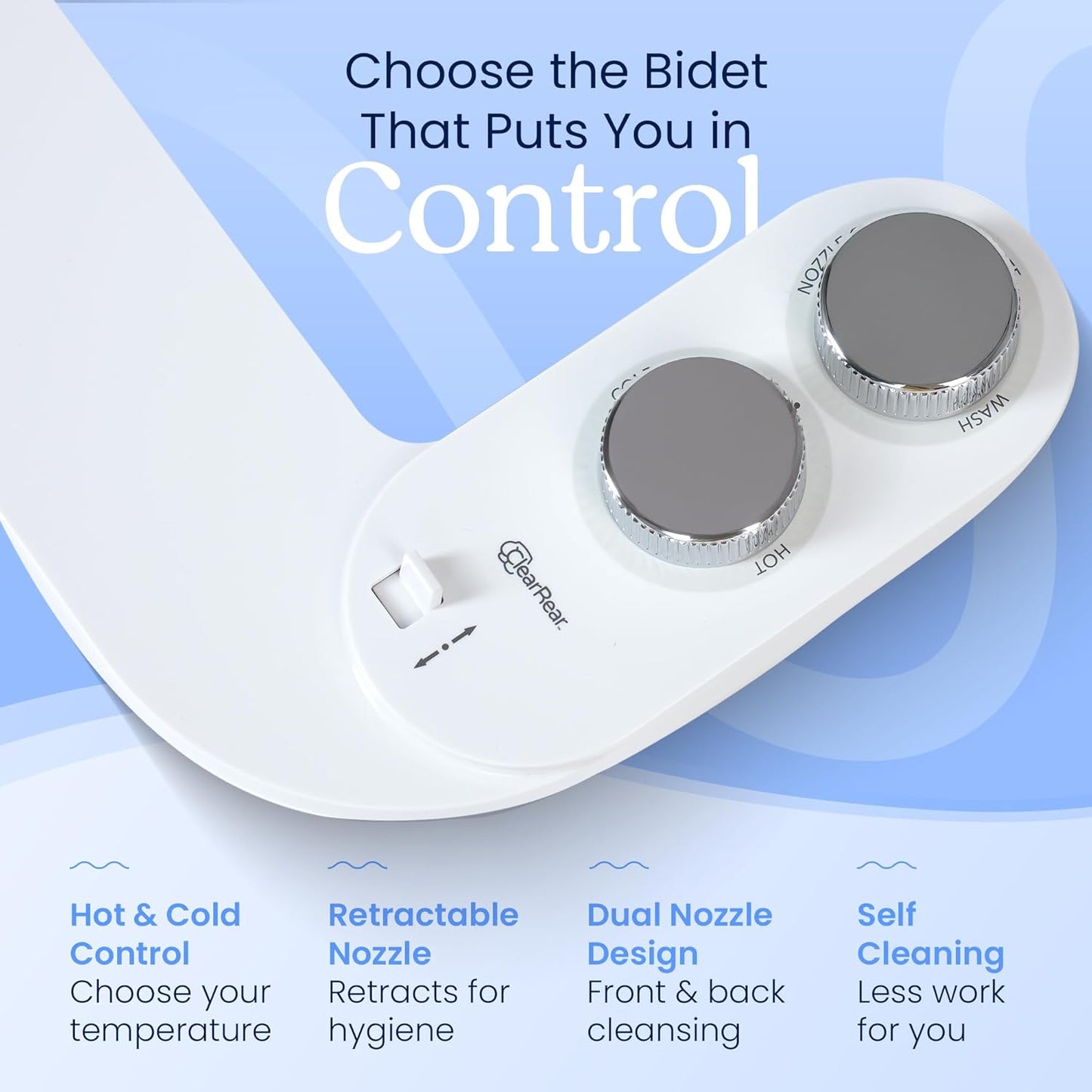 Non-Electric CLEAR REAR Bidet Attachment for Toilet - Self-Cleaning Dual Nozzle, Adjustable Pressure, White