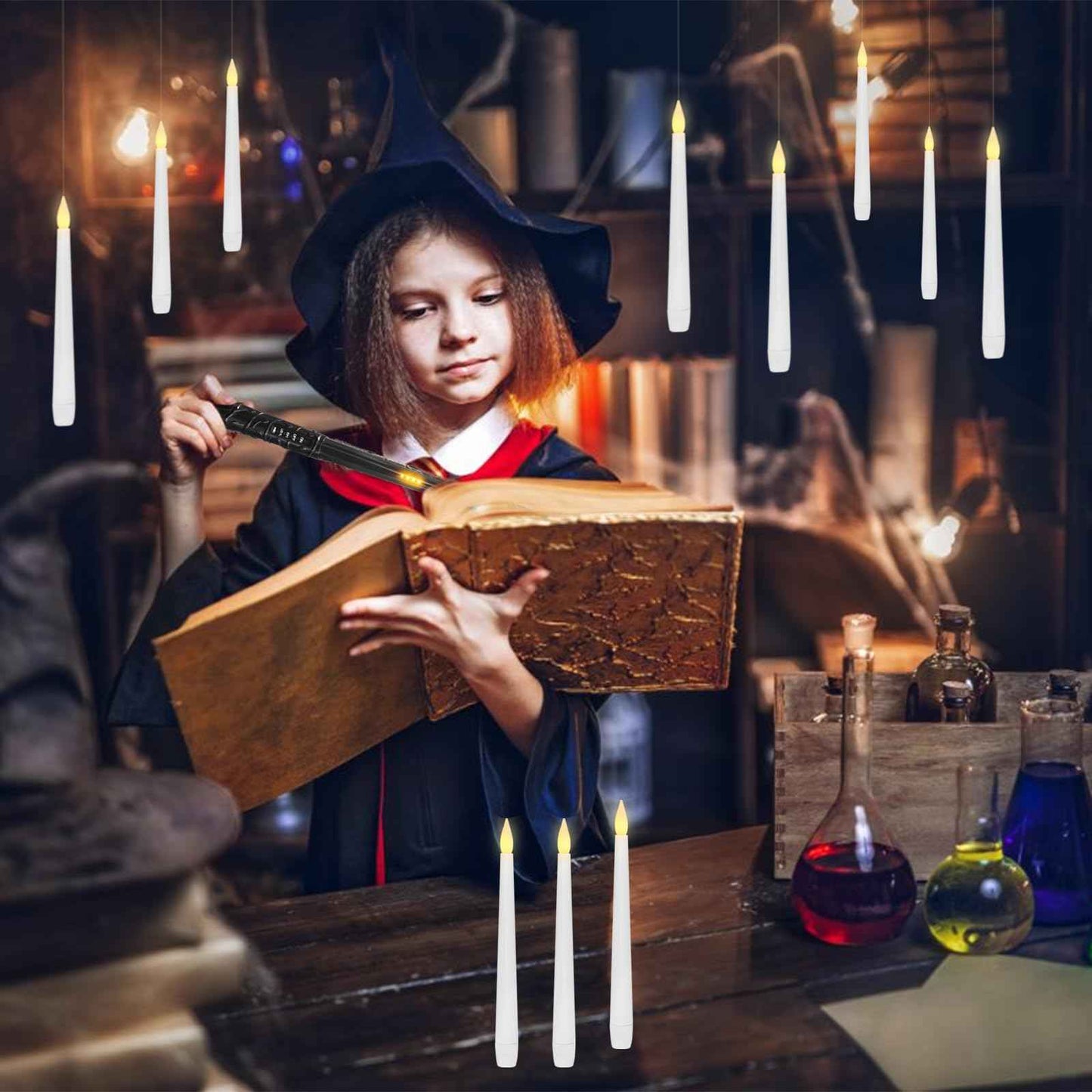 Eebuss Flameless Floating Candles with Magic Wand, 12 Pcs Hanging Flickering LED Taper Candles, Battery Operated Taper Candle with Remote for Children Gift Halloween Decor (White)