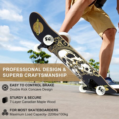 Sefulim 31 x 8 Inch Complete Skateboard 7 Layer Canadian Maple Double Kick Deck Concave Cruiser Trick Skateboard for Boys Girls Teens Adults Beginner