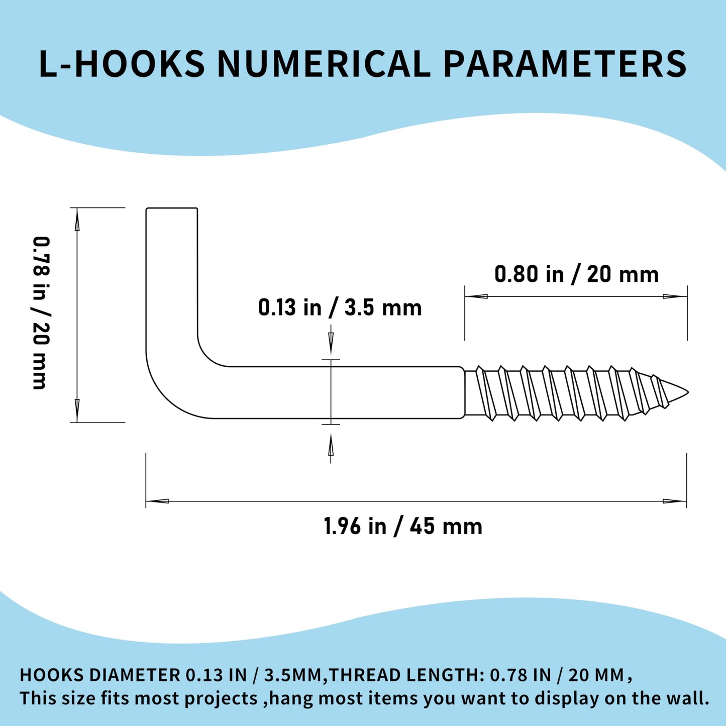 soimuk 304 Stainless Steel 2 in Screw-in Hooks 20 Pcs,7 Shape Screw Hooks,Right Angle Medal Hooks l Shaped Screw in Hooks for Hanging