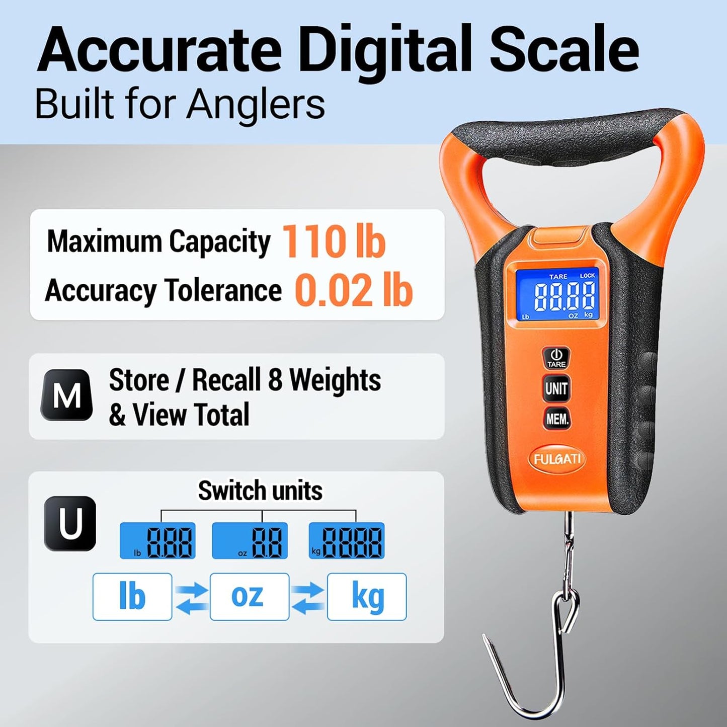 Skiennix Fish Scale - Digital Waterproof Floating Weighing Scale with Backlit LCD Display, 110lb Capacity