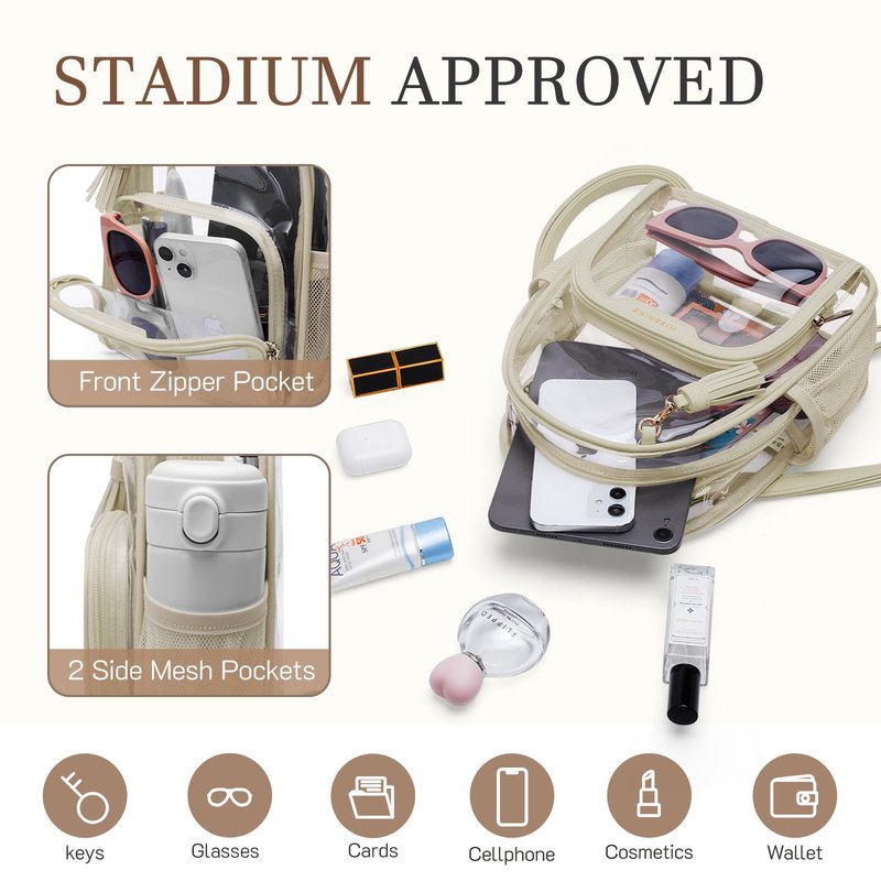 Missnine Small Clear Backpack Stadium Approved, Thick PVC Mini Clear Bag with Leather Trim for Sports Event, Concert, Festival