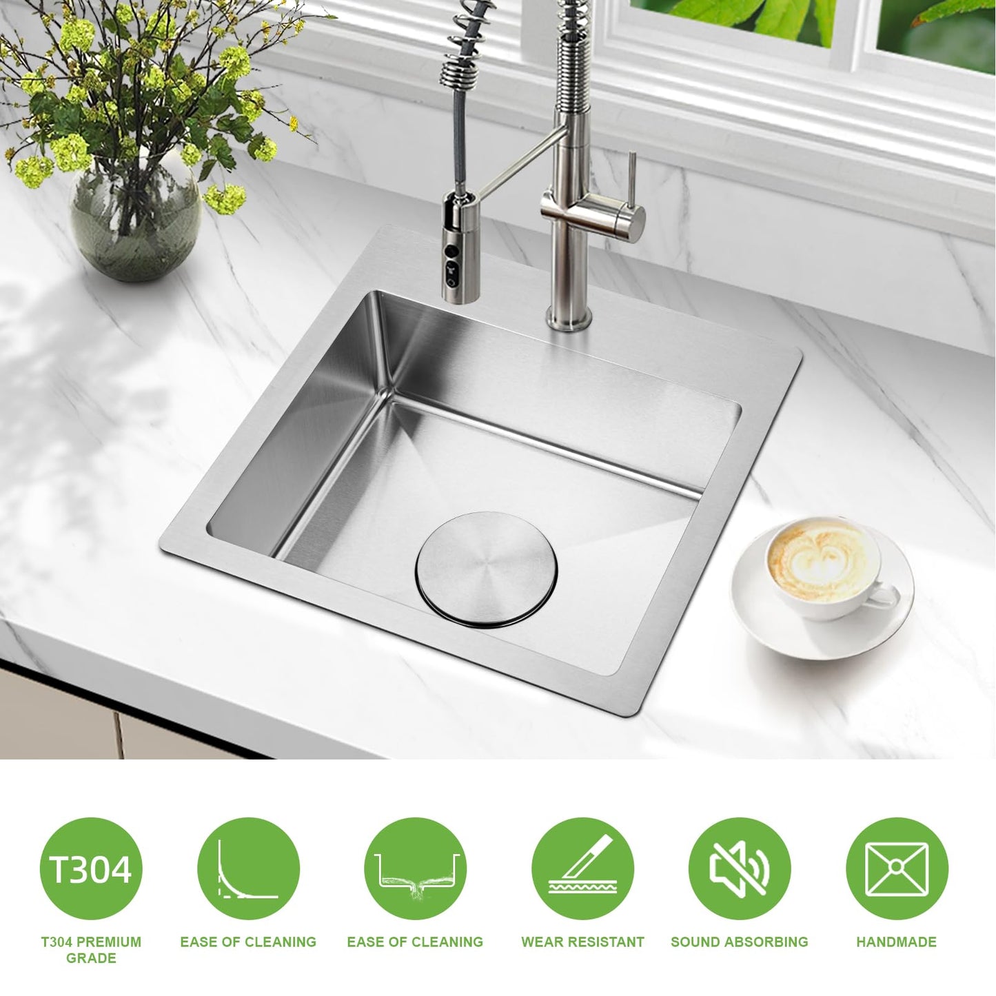 LBTBDBN 15x15 inch Small Kitchen Sink - Drop In Bar Sink for RV, Wet Bar & Compact Spaces, Brushed Stainless Steel 18 Gauge Topmount Single Bowl Utility Sink