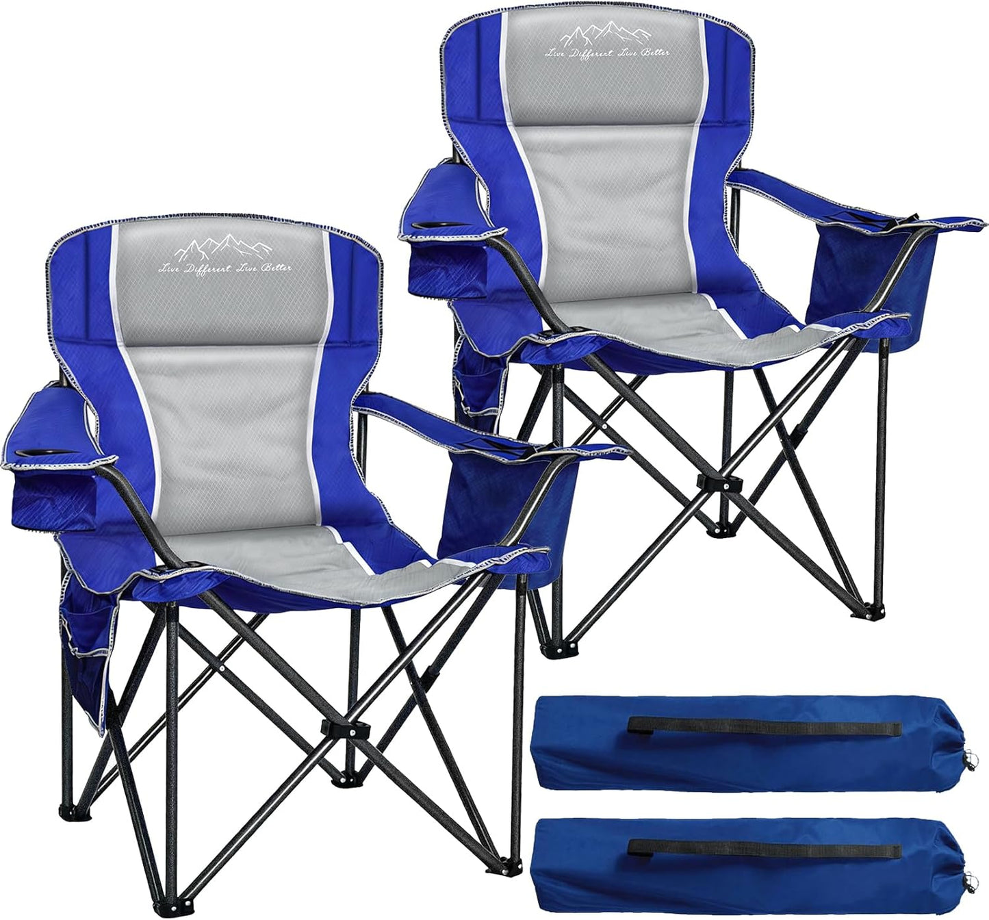 Regine Switzerland Heavy Duty Camping Chairs - 500lbs Capacity, High Back, Portable with Cooler Bag & Cup Holder, Blue | 2 Pack