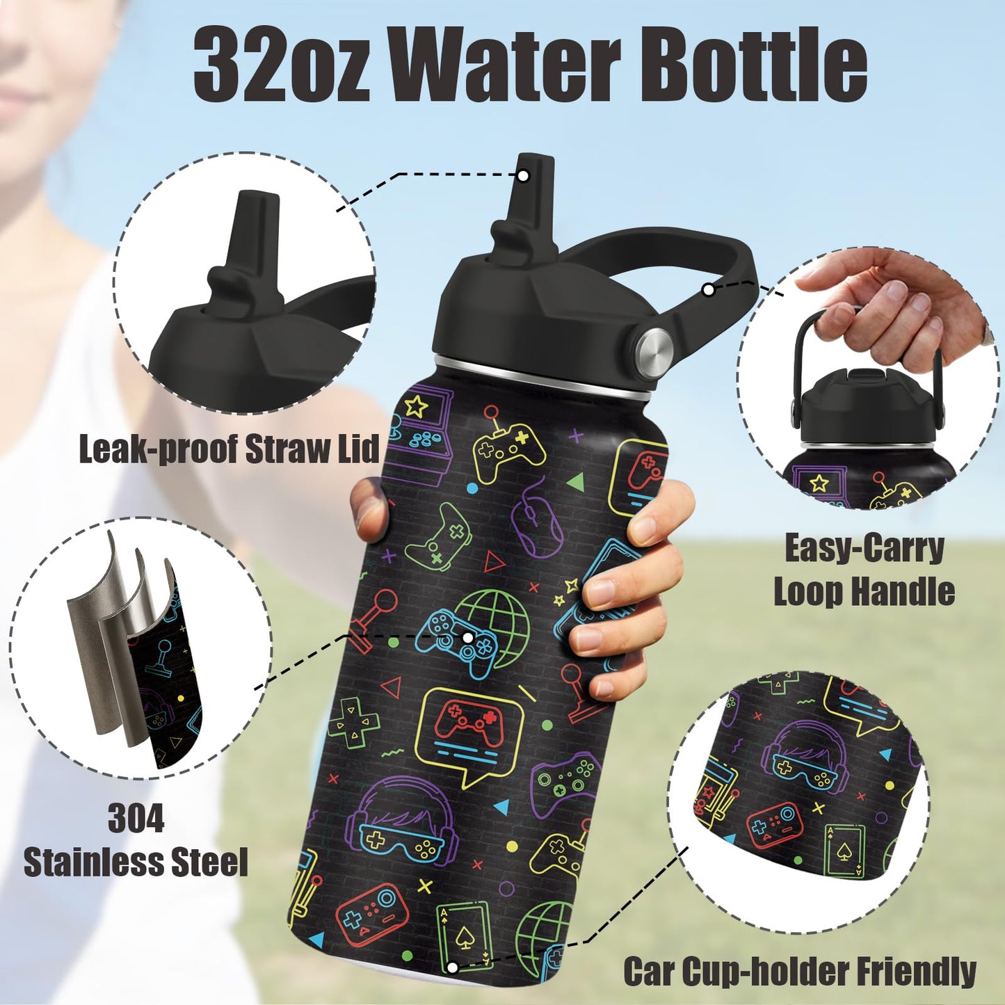 CGMIBAS Gamer Water Bottle 32oz - Insulated Stainless Steel with Straw, Leak Proof Lid - Ideal Gaming Gifts for Kids Boys Teens - BPA-Free Sports Bottle for School, Travel & Gaming