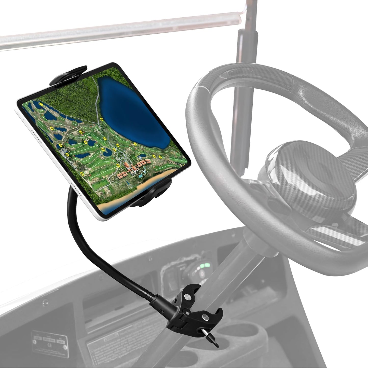 Urgown Golf Cart Tablet Phone Holder with Extended Arm, Steering Column-Mounted Tablet/Phone Mount, Length Adjustable/360° Rotatable, Universal Compatible with 4-13'' Devices, Round Clip