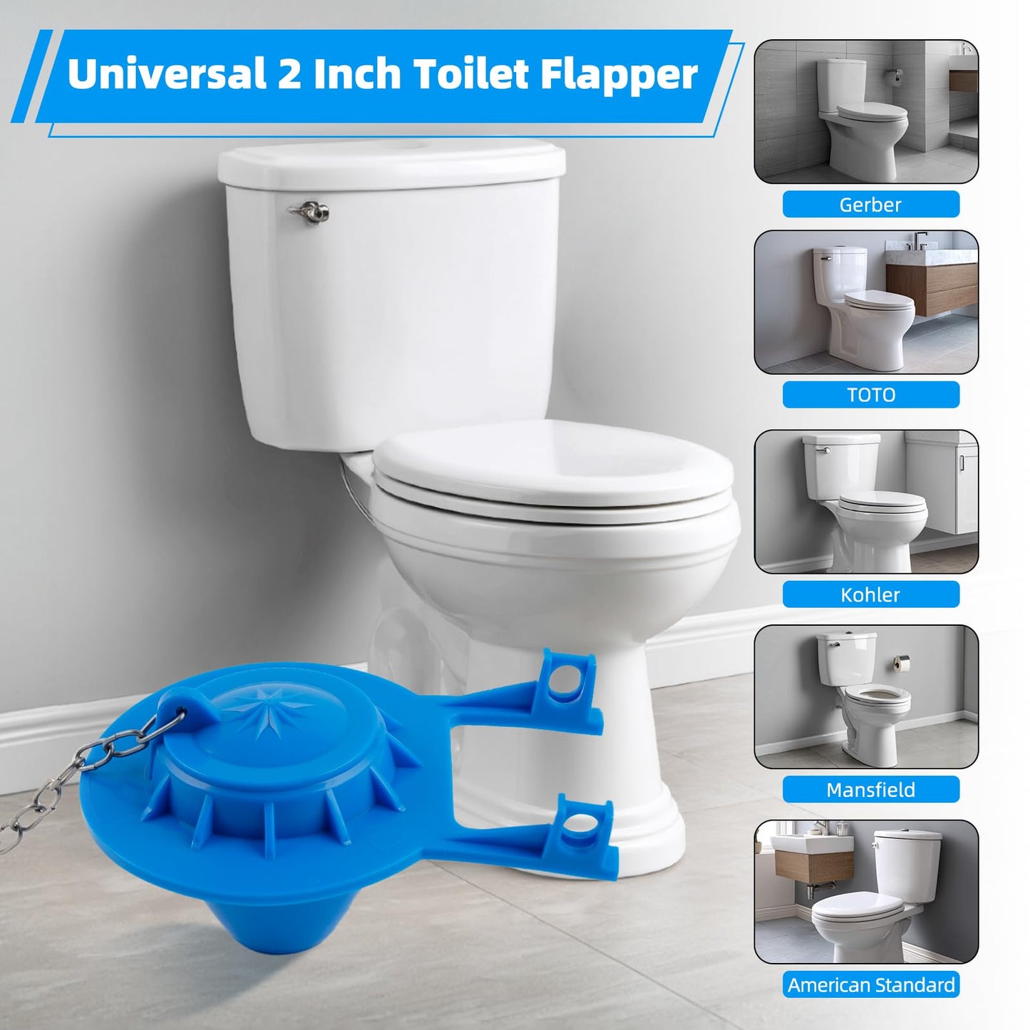 Universal 2-Inch Toilet Flappers Replacement Compatible with Gerber Toto Kohler American Standard, Heavy Duty Rubber Toilet Flapper with Stainless Steel Chain, Water Conserve, Easy Install