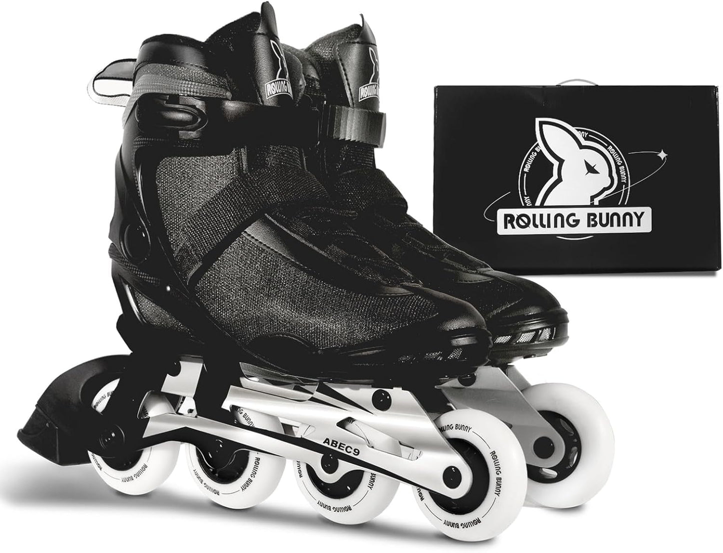 RollingBunny Inline Skates PRO for Adult Women - ABEC-9 Bearing with Breathable Lining for Male Female, Optional Brake, Size W 6-9, Black