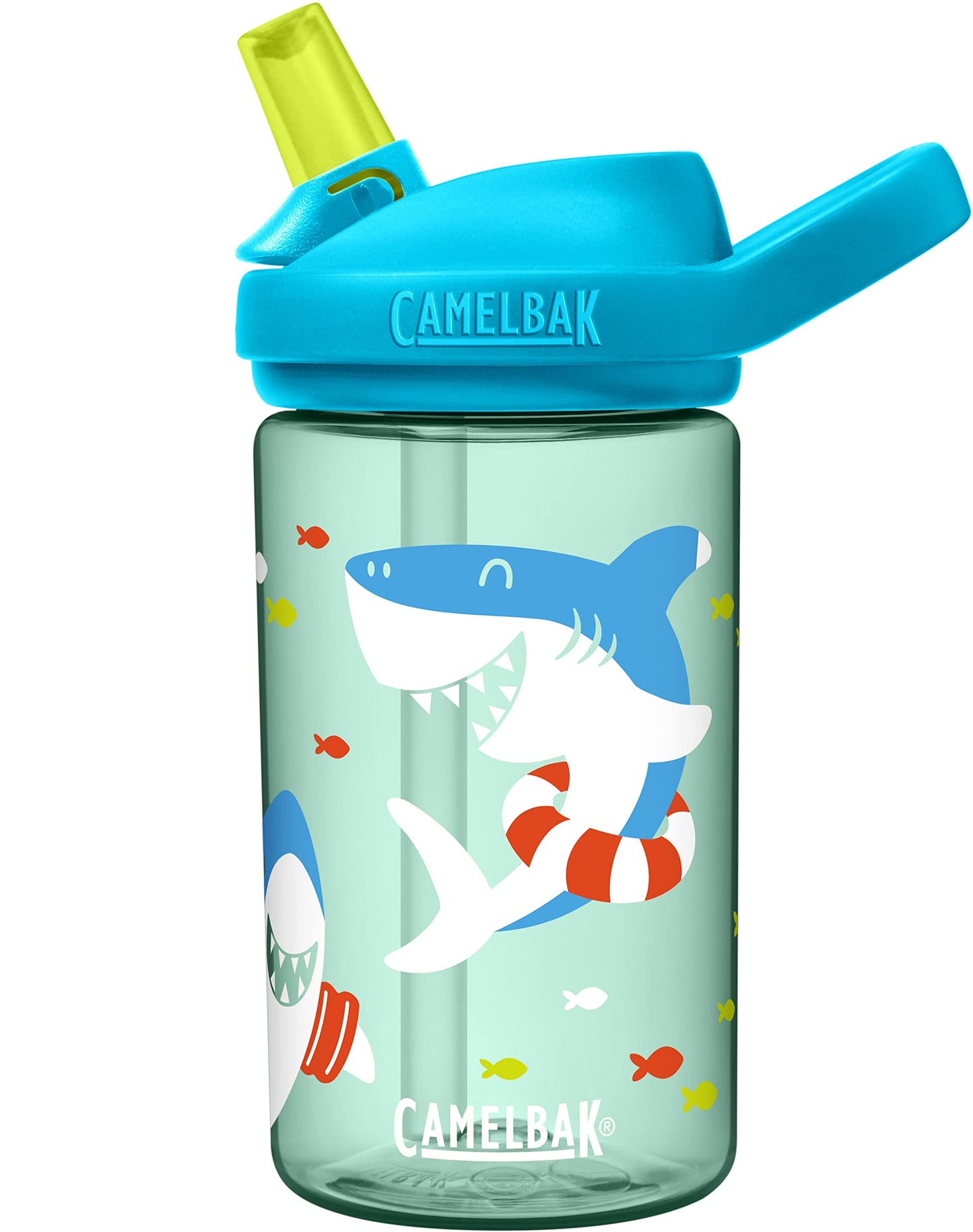 CamelBak Kids Eddy+ Bite Valve Straw Tritan Renew Water Bottle Summer Sharks, 14oz