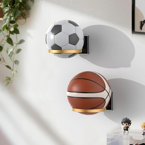 Ball Holder Wall Mount - Basketball, Soccer, Football & Volleyball Display Rack | Acrylic Base & Gold Metal Ring