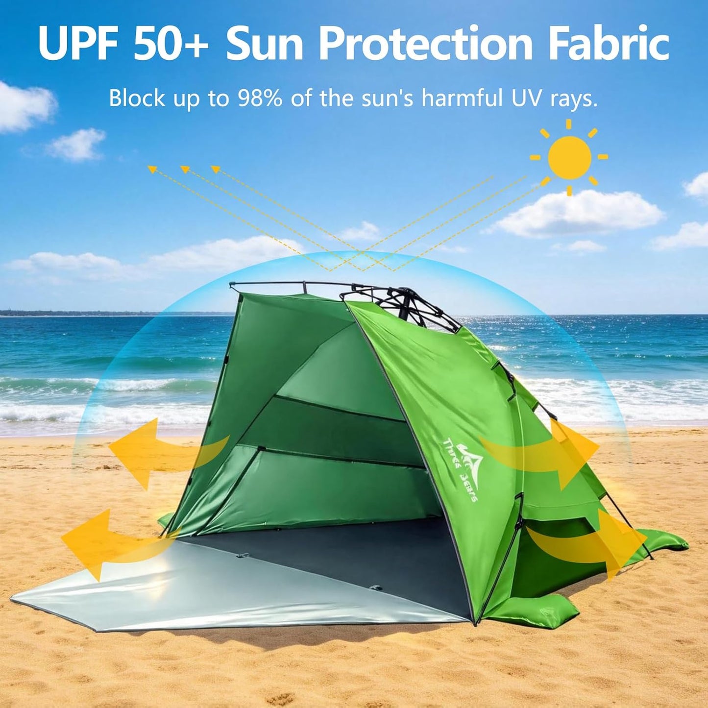 Three Bears Pop Up Beach Tent - Lightweight UV Protection Canopy for 3-4 People | Easy Setup, Green