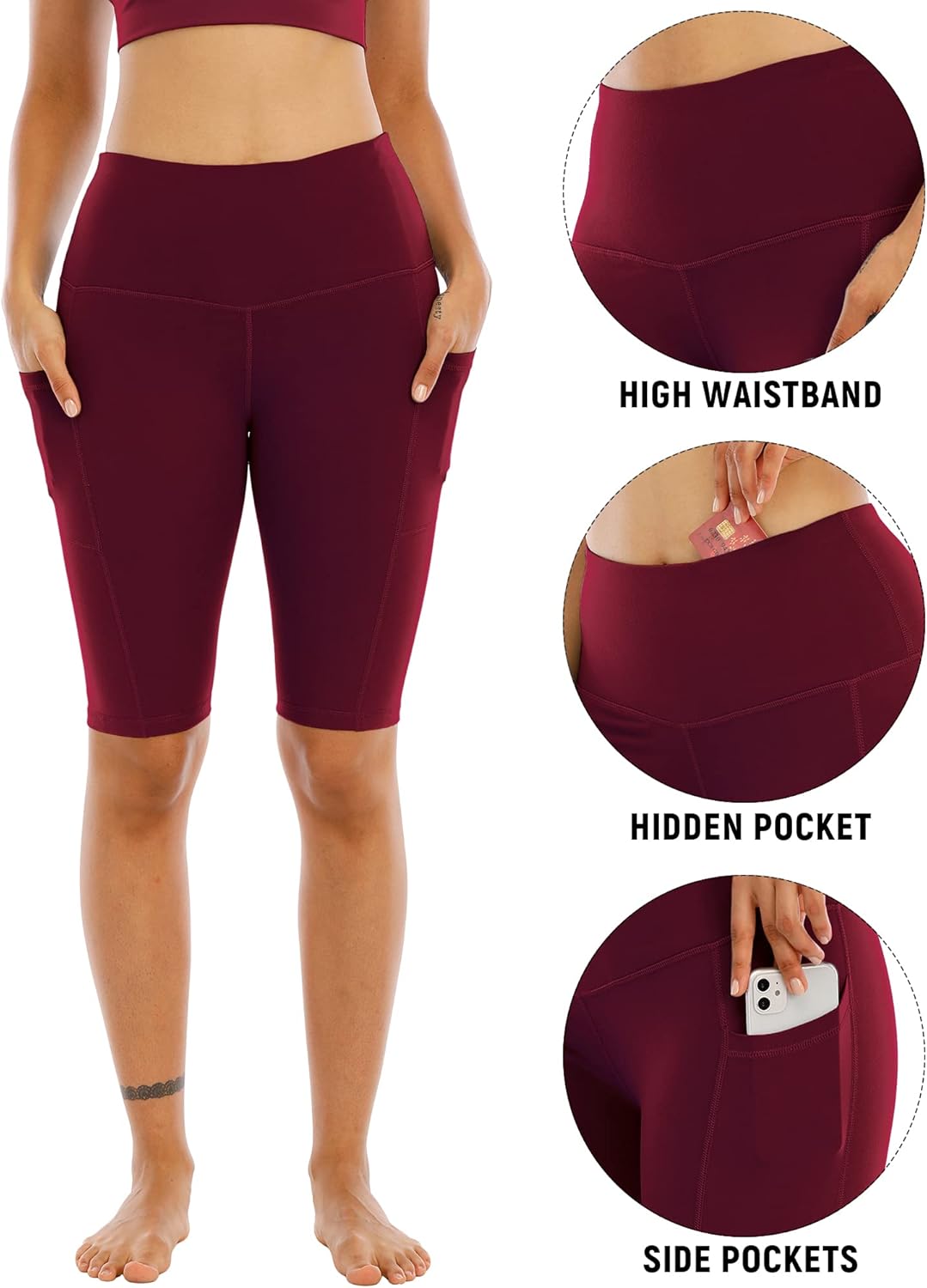 WHOUARE Biker Yoga Shorts - High Waisted with Pockets for Women | 4 Pack Tummy Control Athletic Shorts