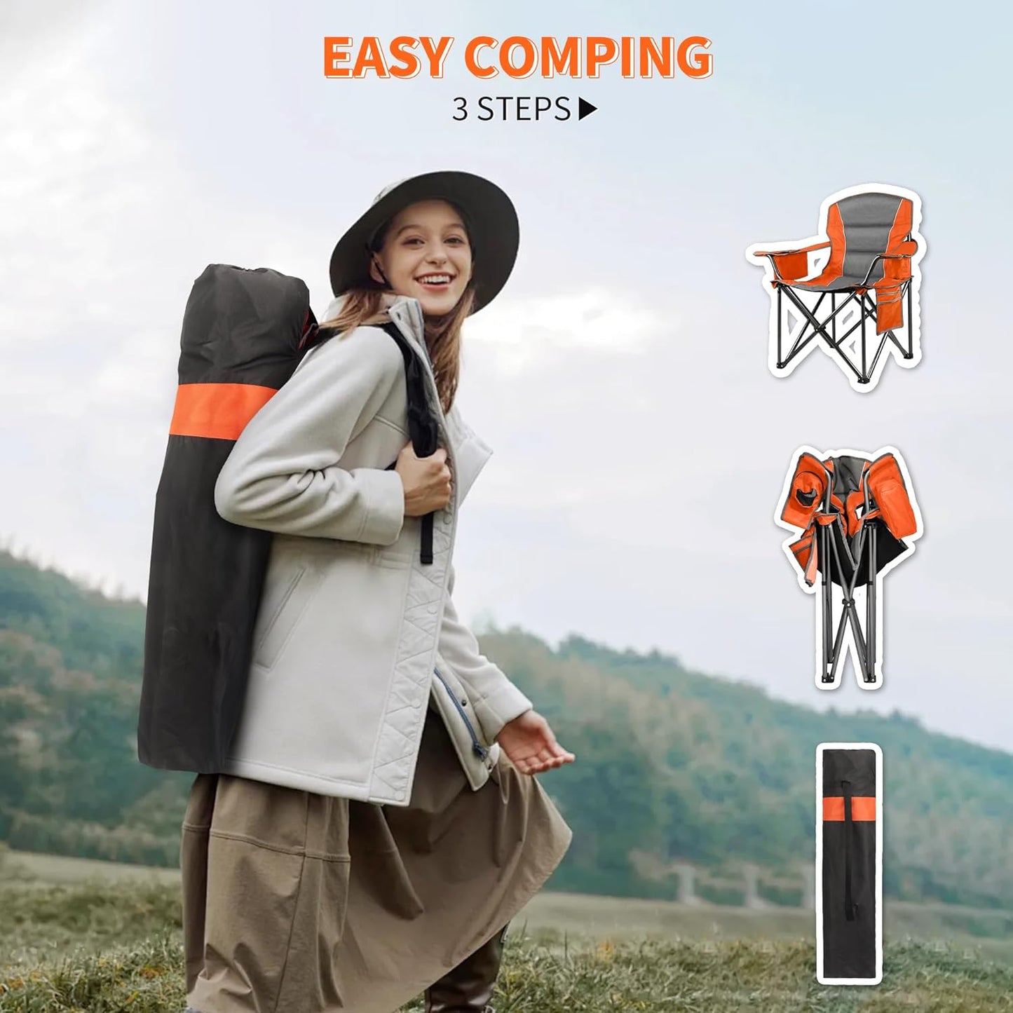 Skiennix Padded Oversized Camping Chairs - Heavy Duty Support 400 Lbs | Folding Portable Lawn Chair with Cup Holder & Cooler Bag (Orange & Blue)