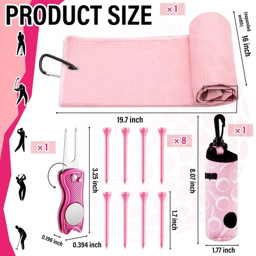 LaRandom 16 Pcs Golf Accessories Kit Include 4 Pcs Golf Club Head Covers, Ball Bag with Hook Towel Magnetic Ball Marker Tees Divot Tool Cleaner Brush for Gifts(Pink,Checkered)