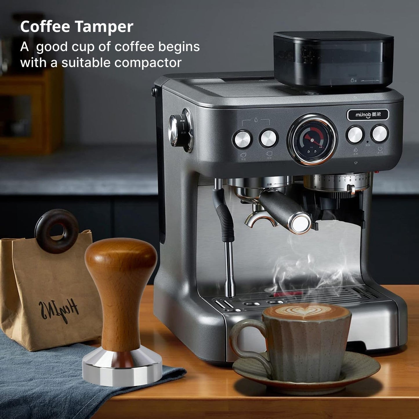 51mm Espresso Tamper - Premium Stainless Steel Base and Wooden Handle - Barista Coffee Tamper for Uniform Compression - Ideal Espresso Coffee Bar Accessories for Perfect Extraction