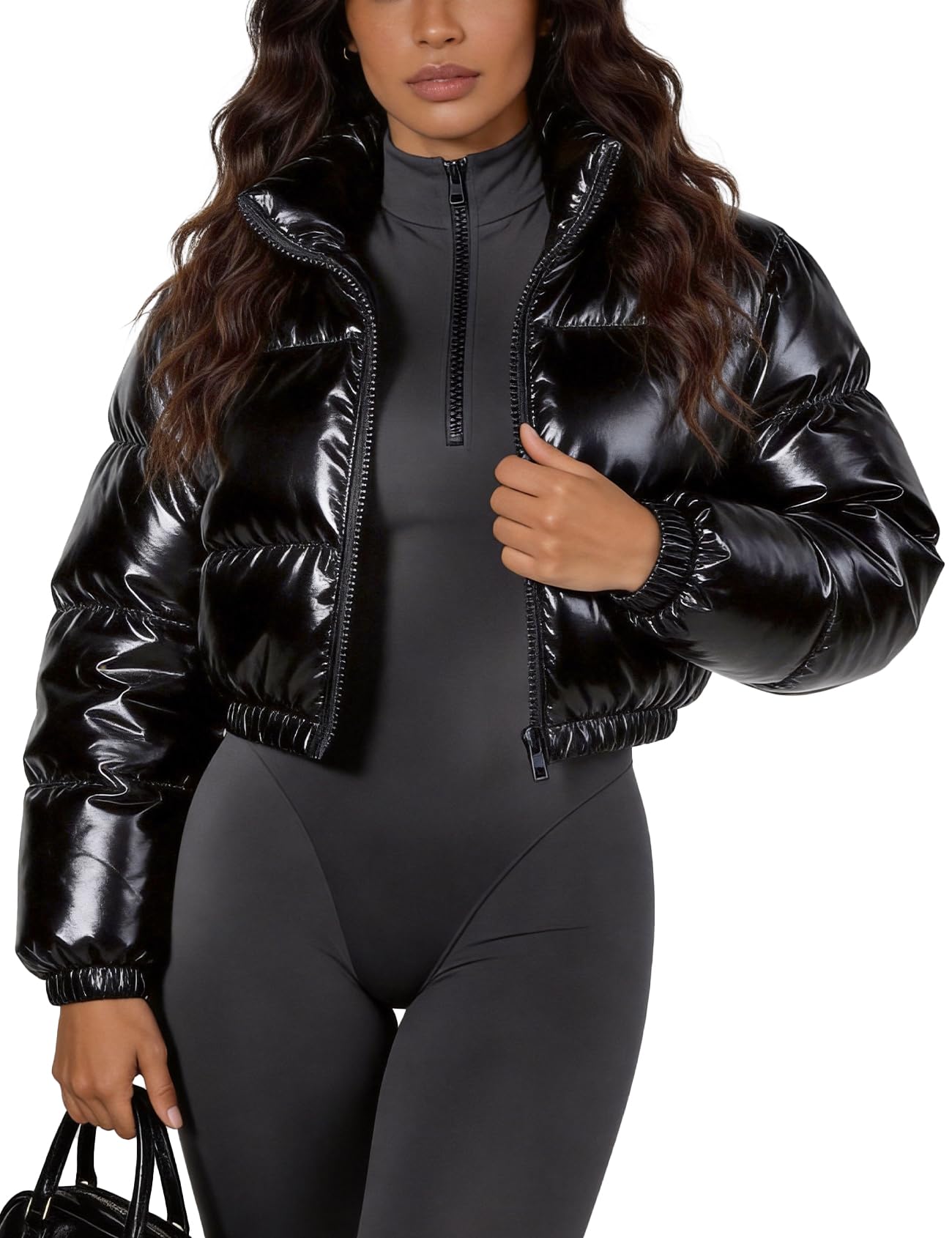 COZYPOIN Women's Metallic Shiny Cropped Puffer Jacket Long Sleeve y2k Zip Up Padded Down Short Coat Outerwear