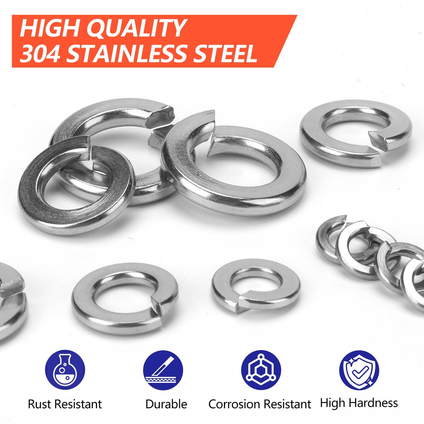 1000 Pcs Spring Lock Washers Assortment Kit – 9 SAE Sizes Split Lock Washers, 304 Stainless Steel Washers for Screws and Bolts (#4, #6, #8, #10, #12, 1/4", 5/16", 3/8", 1/2")