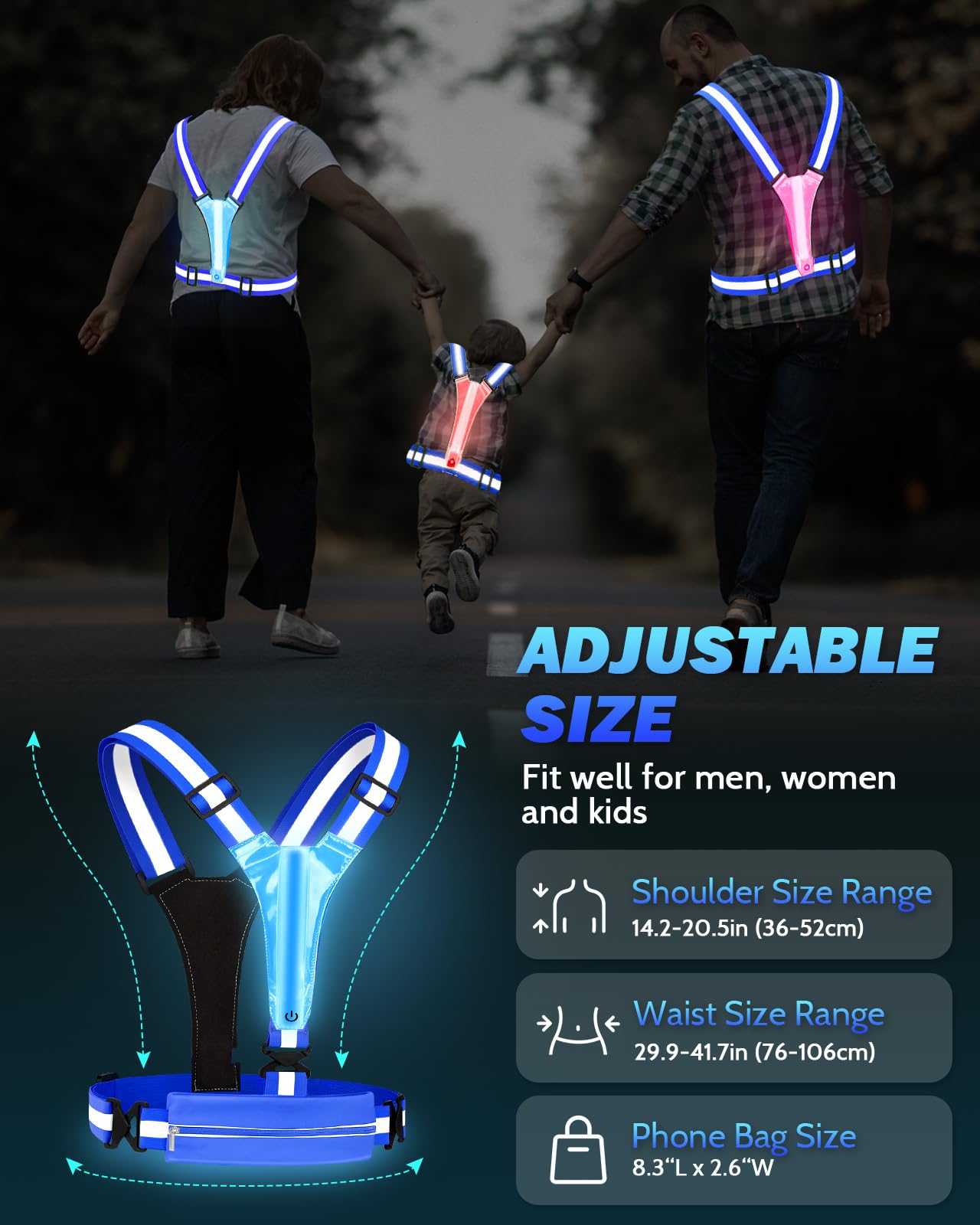 Fitense LED Reflective Running Vest, 5 Colors Light Up Running Vest Rechargeable Running Lights for Runners High Visibility Reflective Running Gear, Adjustable for Men and Women