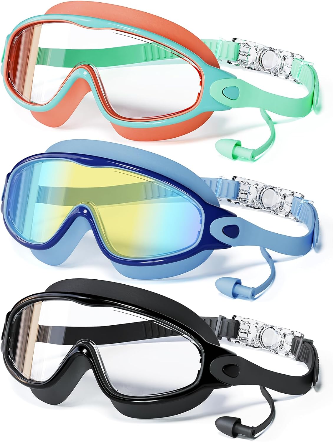 Skiennix Swimming Goggles - Anti-Fog UV Protection with Earplugs | 3 Pack for Kids Ages 4-12