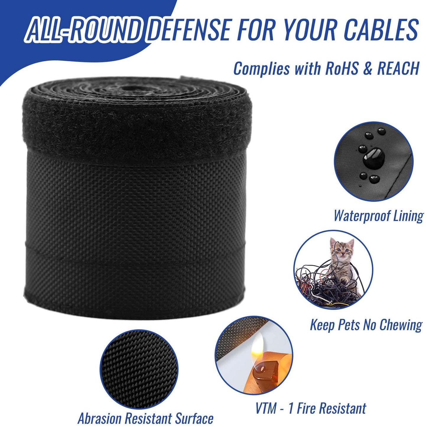 Flauzmann 1/2" - 6.6FT Chew Proof Cat Cord Protector（Hook & Loop Split Sleeve for Pets - Cat/Dog Proof Cable Management Sleeve for Office USB Computer Audio Cables, Flexible Wire Cover - Black