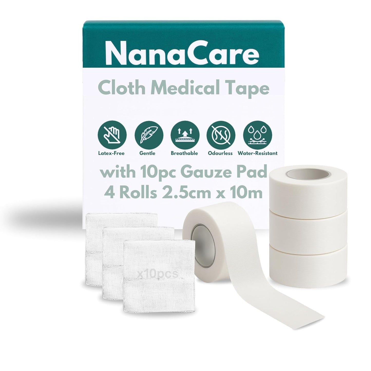 NanaCare Waterproof Medical Tape - Hypoallergenic Surgical Tape with 10 Gauze Pads | 4 Rolls x 1 Inch for Sensitive Skin