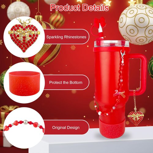 8 Pcs Red Cup Accessories Set for Stanley 30OZ & 40OZ Tumbler with Handle, Red Silicone Boot Water Bottle Handle Strap 2Pcs Straw Covers Heart Charm&Pom-Pom Charm for Stanley Cup
