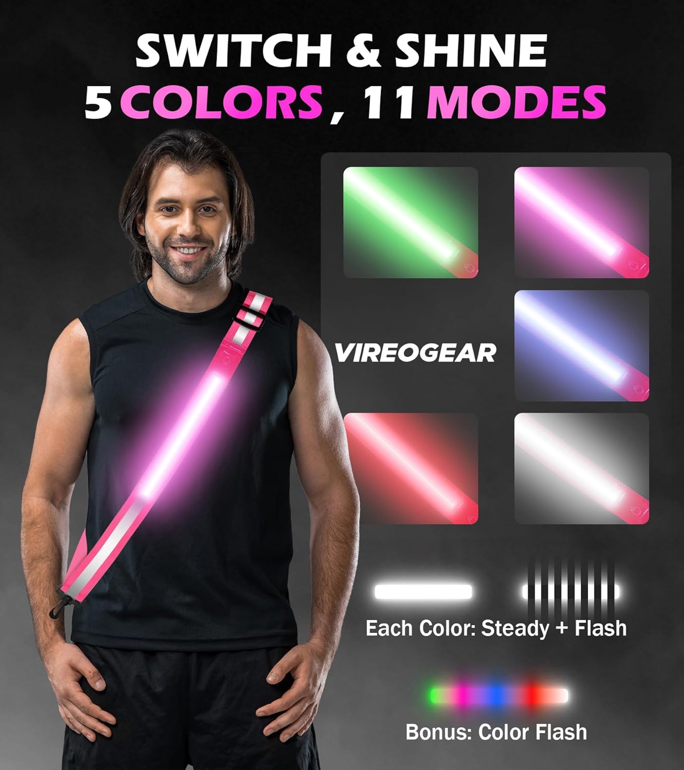 Rechargeable LED Reflective Belt Sash - High Visibility Safety Gear with 11 Light Modes | Adjustable for Night Dog Walking, Running & Biking