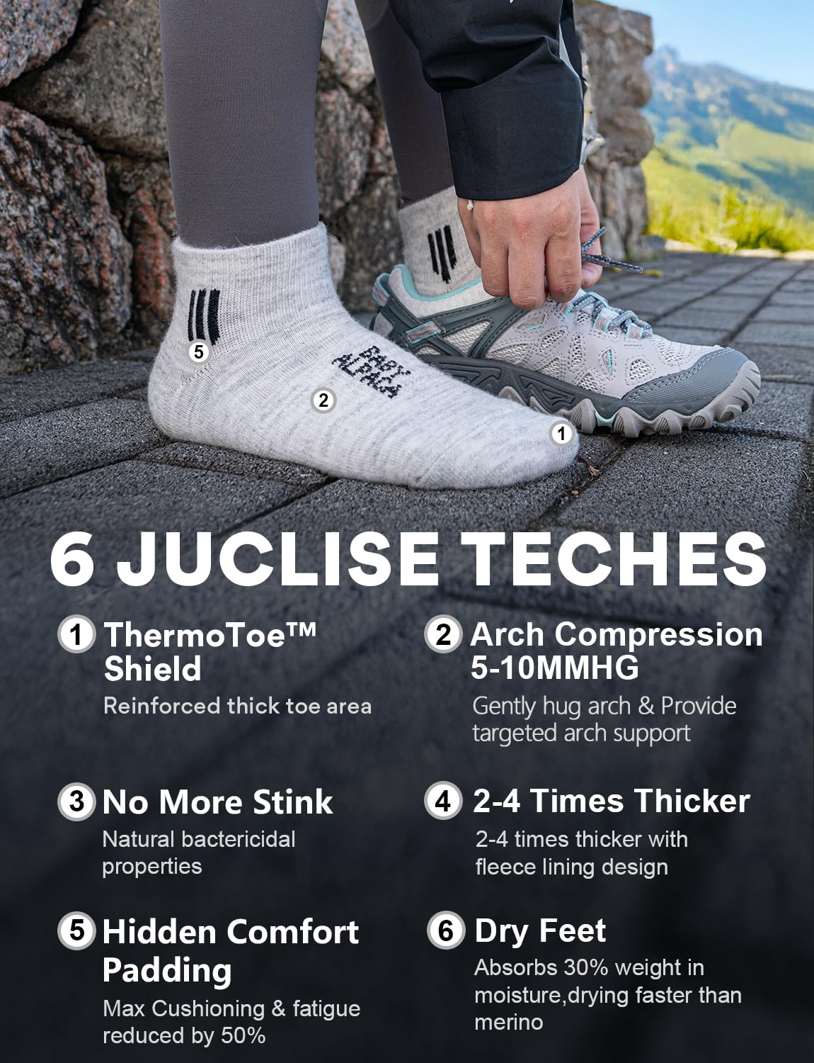 Juclise Alpaca Wool Ankle Socks Moisture Wicking Anti-Blister Lightweight Breathable Golf Hiking Cushion Socks Men Women L, Pebble Grey