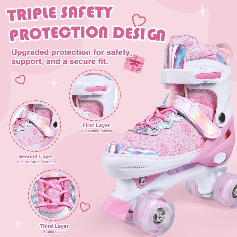 Huanovix Kids Roller Skates, 4-Size Adjustable RollerSkates with Light Up Wheels, Indoor Outdoor Illuminated Skates for Girls Boys Toddlers Youth Adult (Pink, M(US 13C-3/7.5-8.5 in))