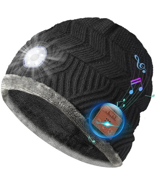 Bluetooth Beanie with a Light, Unisex USB Rechargeable Winter Hat with 4 LED Headlamp & Wireless Headphones, Unique Christmas Stocking Stuffers & Birthday Gifts for Men, Husband, Teens Dark Black
