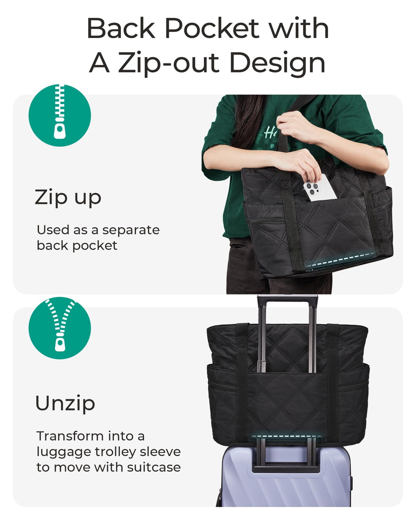 BAGSMART Crush Tote Bag for Women, 20L Puffer Work Tote with Zipper, Travel Essentials Quilted Nurse Hospital Bag, Charcoal