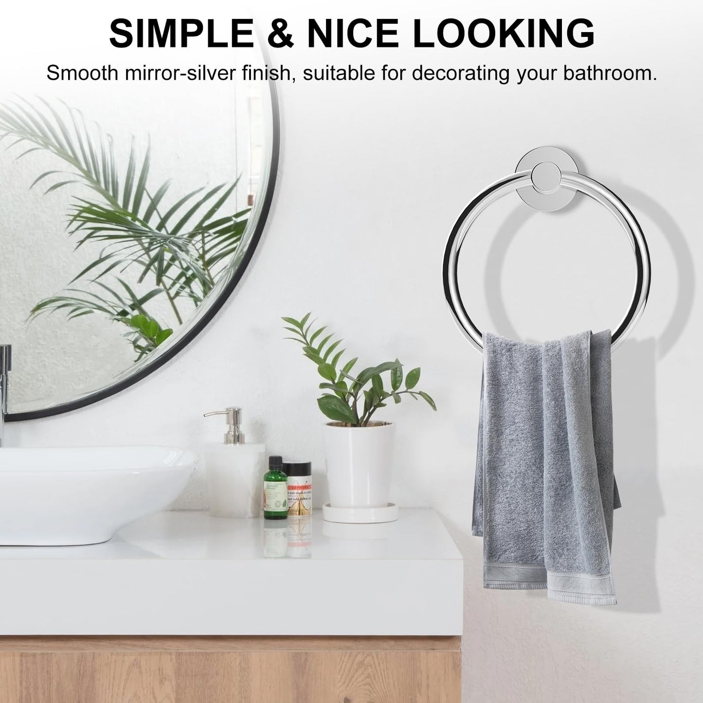 SetSail Towel Holder for Bathroom Wall Stainless Steel Hand Towel Ring Heavy Duty Towel Hanger for Bathroom, ‌Mirror Silver