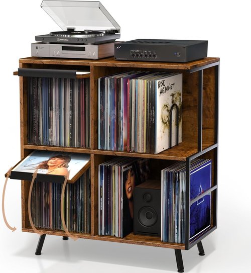 Faesun Vinyl Record Storage Stand - 3 Tier Flip Top Cabinet Holds 300+ Albums | Rustic Brown