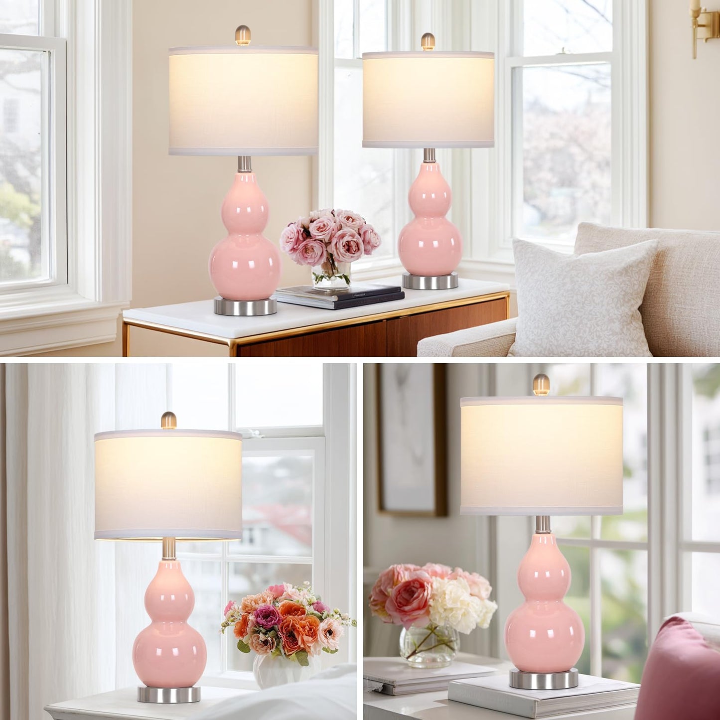 22" Double Gourd Ceramic Table Lamps Set of 2, Pink Modern Bedside Lamps for Living Room, Contemporary Nightstand Desk Lamps for Bedroom End Table Home Office Decor(2 LED Bulbs Included)