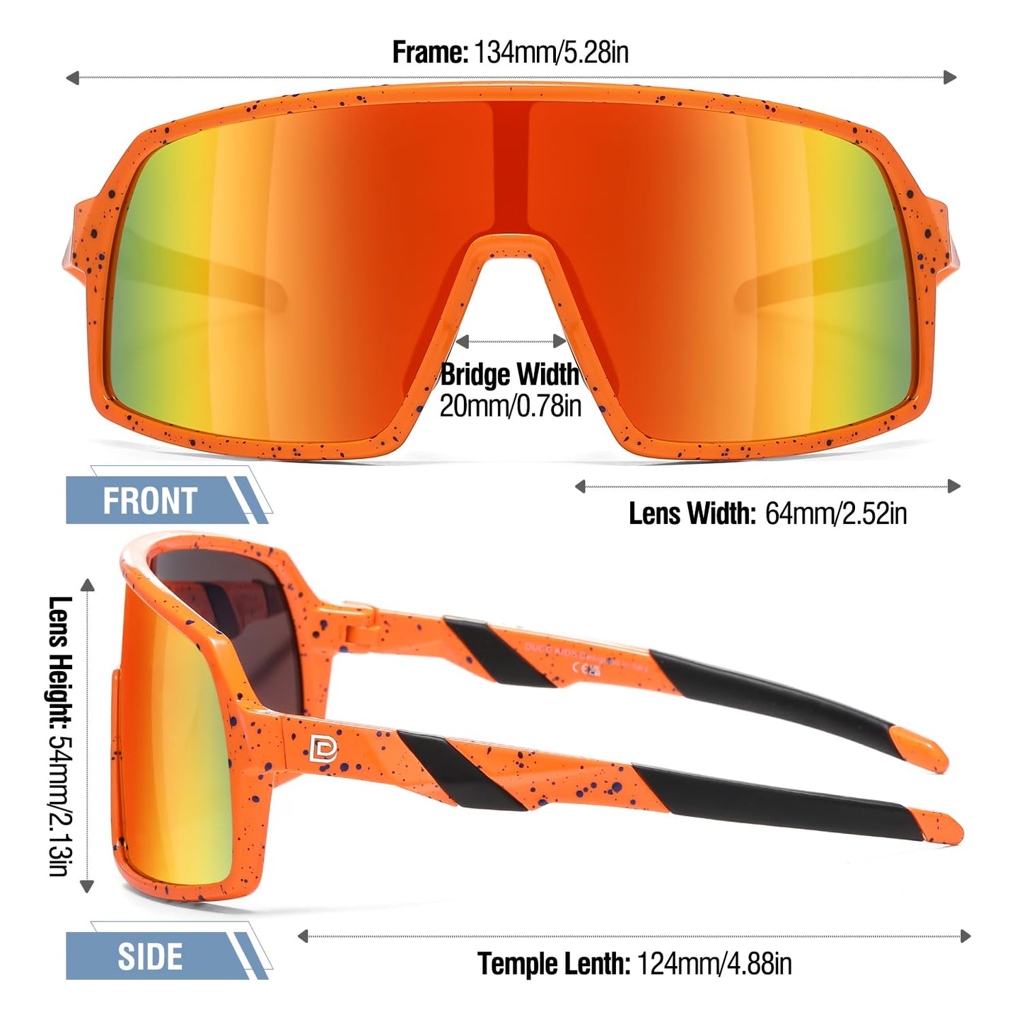 DUCO Youth Baseball Sunglasses for Boys and Girls Age 6-12 Softball Cycling Sports Sun Glasses for Kids DK320 (Orange Frame Blue Dot Revo Orange Lens)
