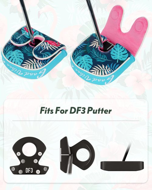 Big Teeth DF3 Putter Headcover for LAB Golf DF3 Zero Torque Mallet Putter – Leather Magnetic Closure Center Shaft Mallet Putter Cover – Tropical Flamingo & Palm Embroidery, Water & Stain Resistant