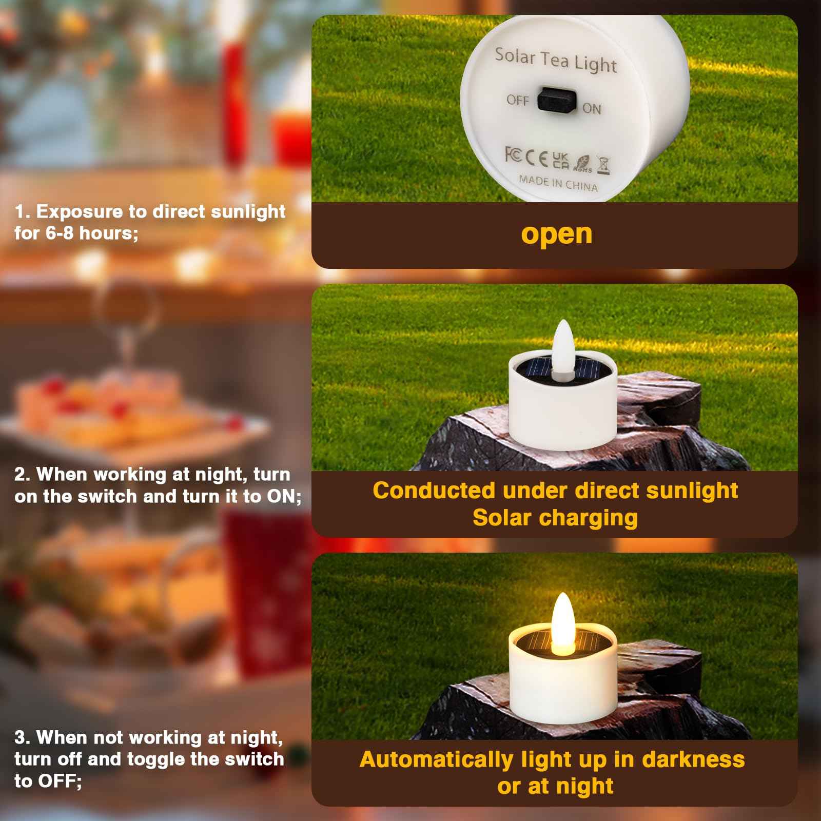 HL Solar Tea Lights, 8PCS Outdoor Waterproof Flameless Candles, Dusk to Dawn Rechargeable Battery LED Tea Lights for Lantern, Garden, Camping, Home Decor (Warm White, 1.5''x1.61'')
