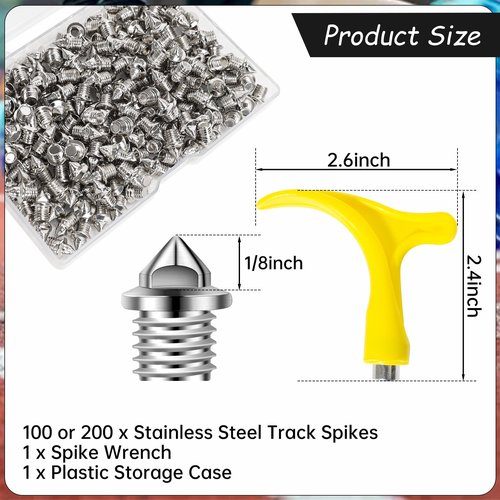 1/8 Inch Track Spikes,200Pcs Stainless Steel Pyramid Shoe Spikes with Spike Wrench for Track and Cross Country,Replacement Spike Compatible with Sprint Sports Short Shoes