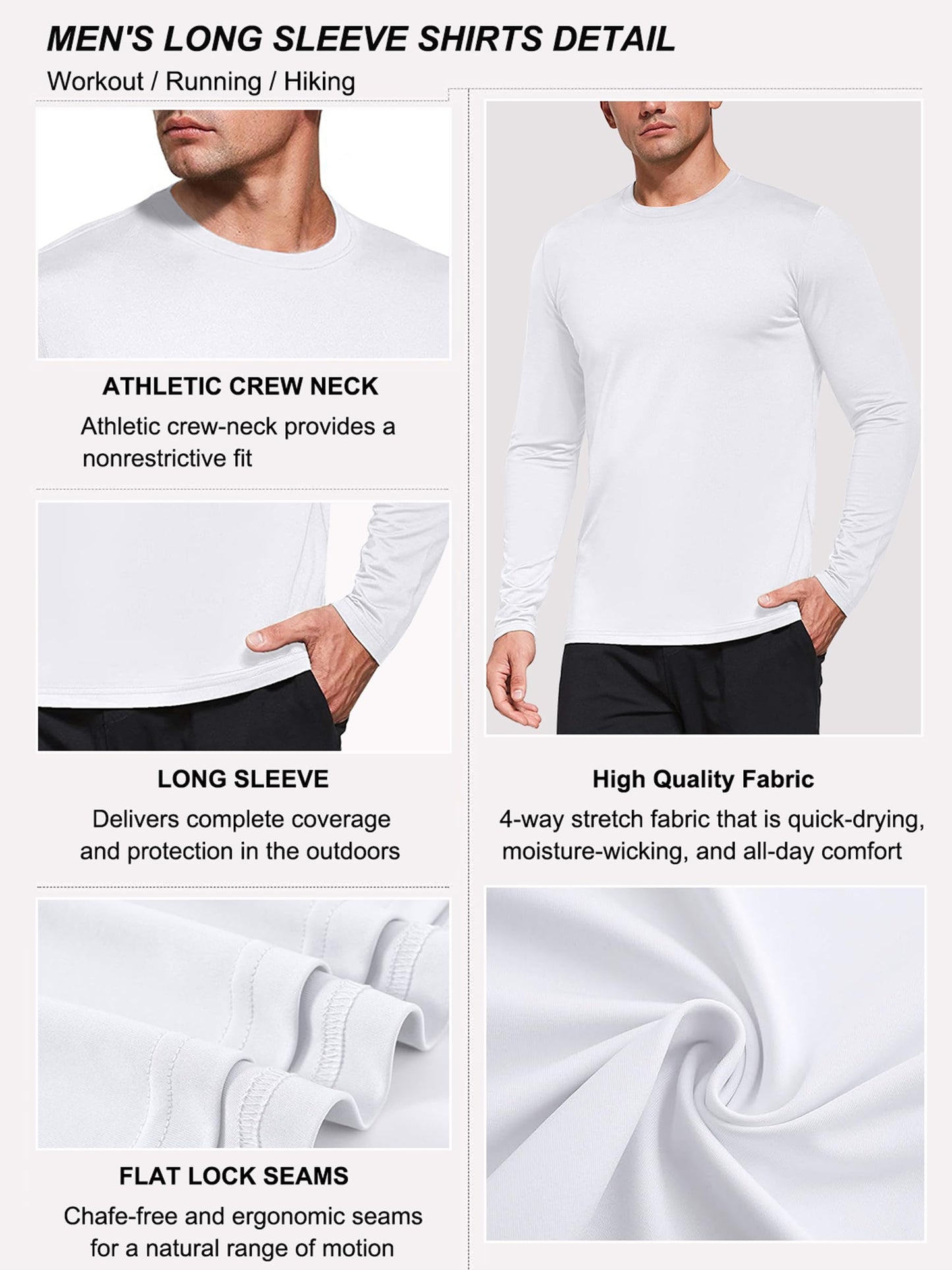 5 Pack White Long Sleeve Shirt Men, Moisture Wicking Dry Fit Tshirts Shirts for Men, UPF 50+ Sun Protection Workout Shirts White-5P02-L