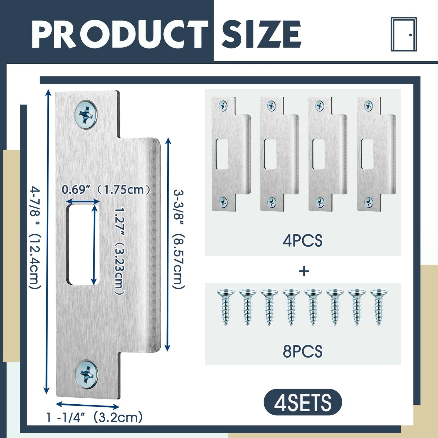 Tandefio 4 Pcs 4 7/8 x 3 3/8 x 1 1/4 Inch Deadbolt Strike Plate Stainless Iron Door Extended Strike Plate Door Reinforcement Backplate with Screws for Heavy Duty Residential Use (Silver)