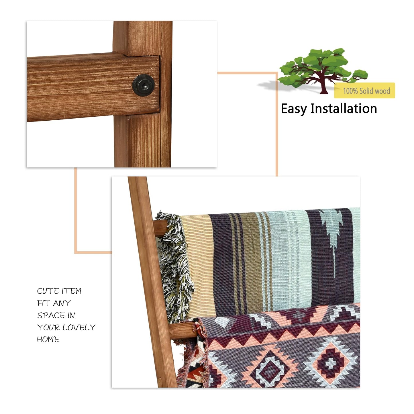 FUIN Extra Wide 6.4ft Wooden Blanket Ladder Living Room Decorative Wal Leaning Farmhouse Quilt Display Holder Rustic Wood Towel Rack for Bathroom, Brown, 38 inch Wide