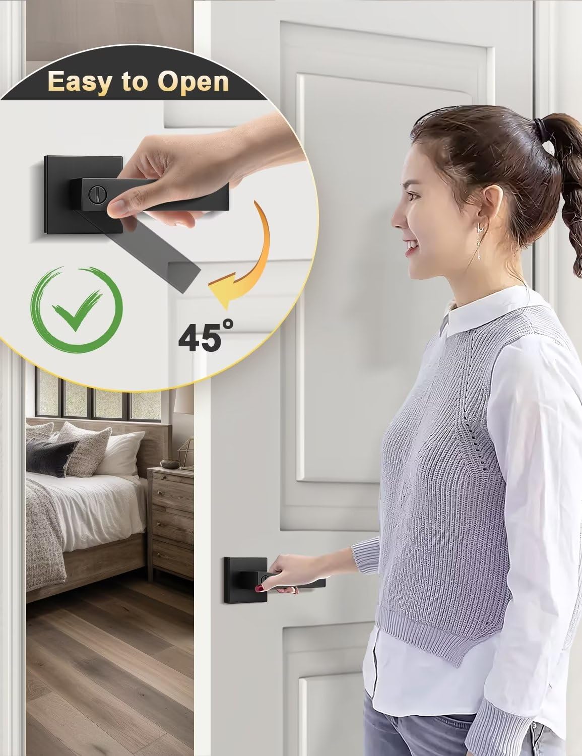 Tinewa 5 Pack Square Privacy Door Levers Locksets in Matte Black Finish, Bed/Bath Door Levers Keyless Interior Handles,Reversible for Left Right Handed Doors