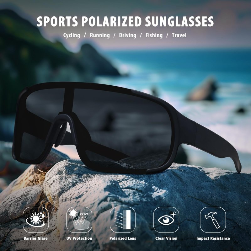 Ofwin Polarized Cycling Sports Sunglasses for Men Women UV Protection Fishing Bike Running Wrap Around Sun Glasses Matte Black/Gray