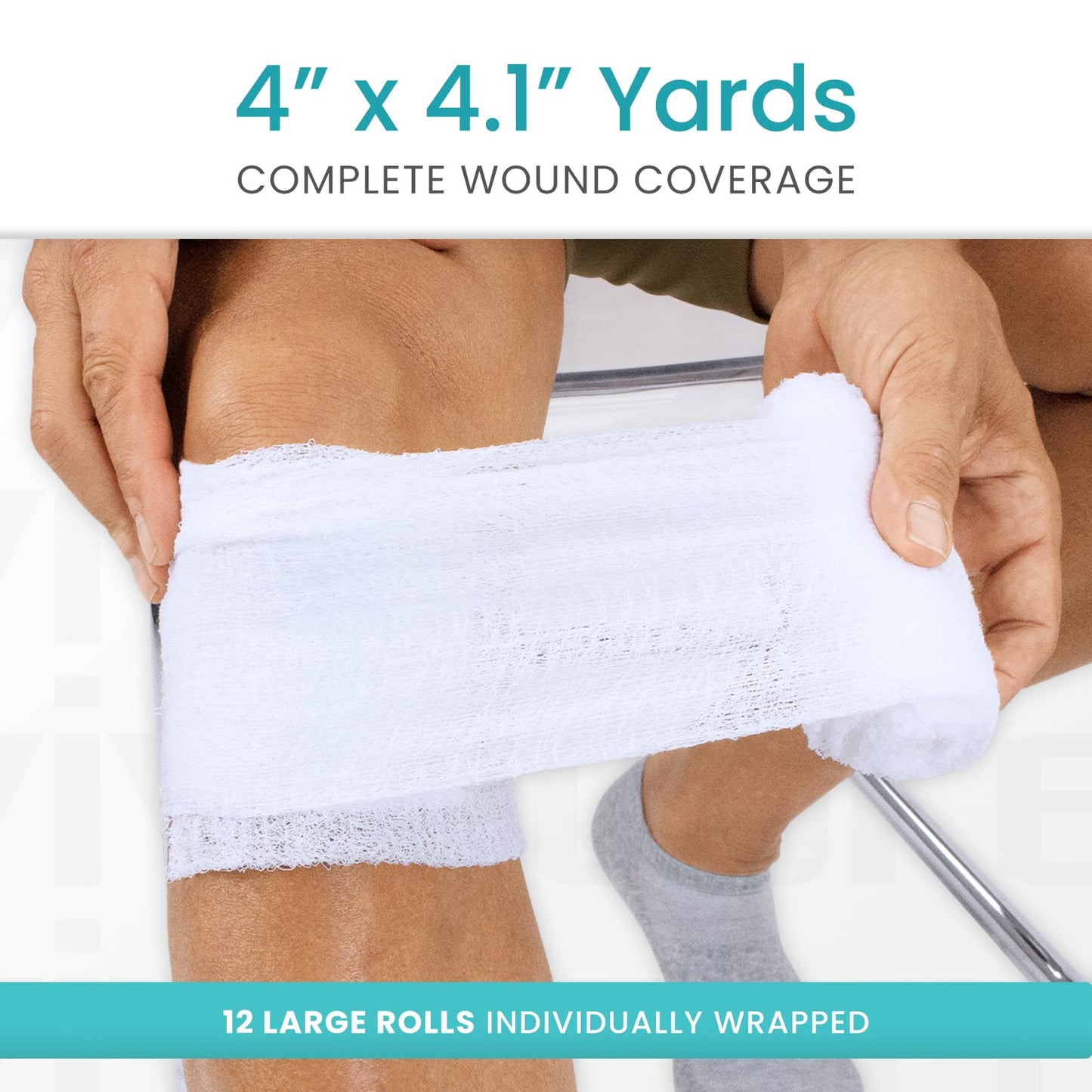 Vive Care XL Gauze Wrap Roll for Wounds (12 Count) Large Sterile Rolls - Individually Wrapped Medical Bandages HSA/FSA Approved - Extra Absorbent & Adhesive Gauze - 4"x4.1" Yards