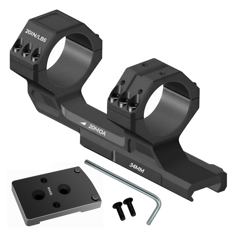 Gotical Tactical 34mm Tube 20MOA One Piece Ring Mount w/10:30, 12 o'clock, 1:30 Top Optic RMR Mount Plate, 1.57" Central Height, for 20mm Picatinny Rail
