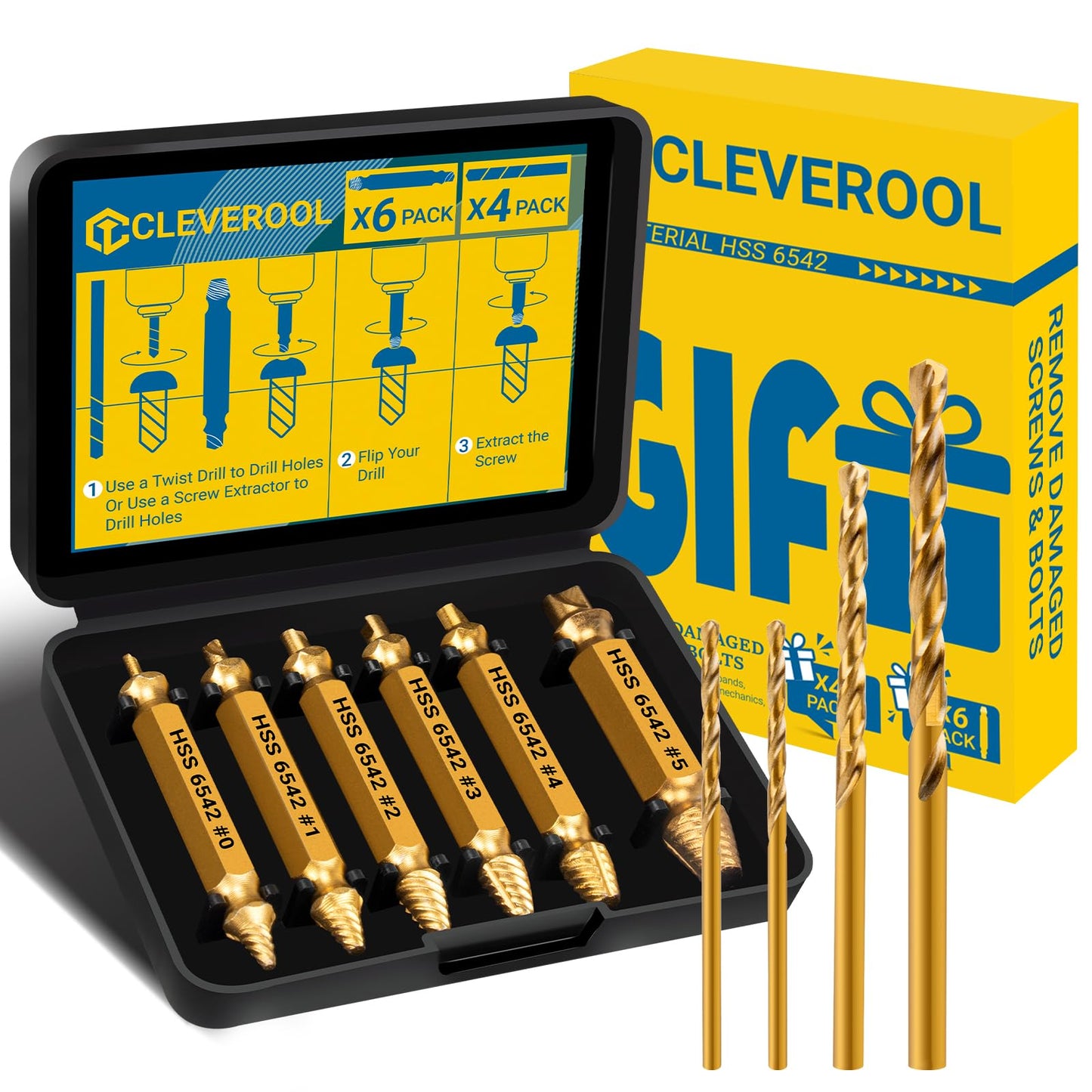 CLEVEROOL 10 PCS Damaged Screw Extractor Set, 6 PCS HSS 6542 Screw Extractor Remover Kit and 4 PCS Twist Drill Bit Kit for Stripped Screws & Drill Bit Tools, Gifts for Men