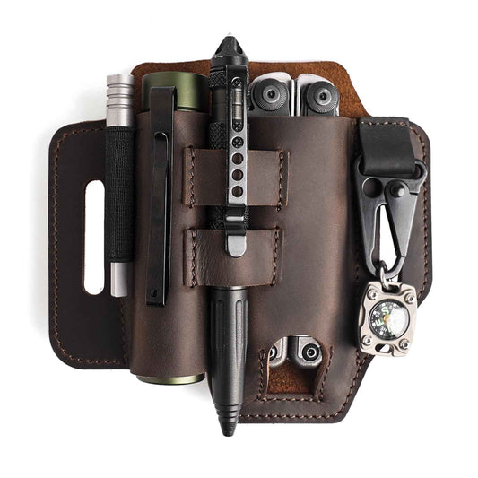 Topstache Multitool Sheath for Belt - EDC Belt Organizer - Leather Multitool Holster with Flashlight Holder, Elastic Band Pen Holder and Keychain Clip - Multitool Holder - Multitool Pouch, Darkbrown